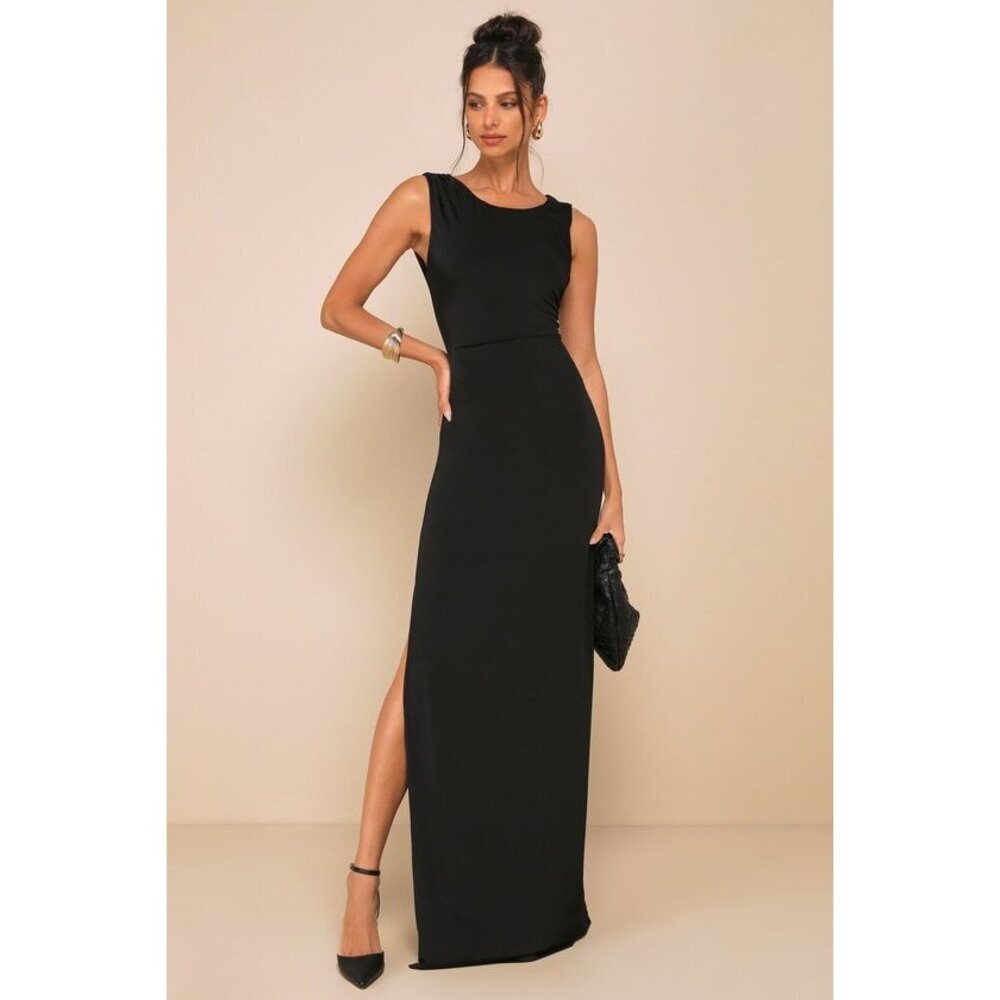Lulus Significant Allure Black Slinky Knit Ruched Maxi Dress - Size L